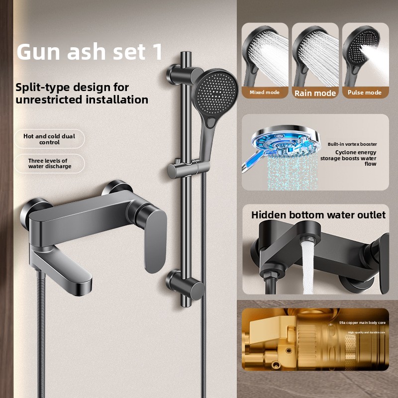 Plumbing - 全銅製シャワー水栓セット 三連混合栓 バスルームシャワーシステム シャワーヘッドとハンドルセット シャワーヘッドセット シルバーグレー