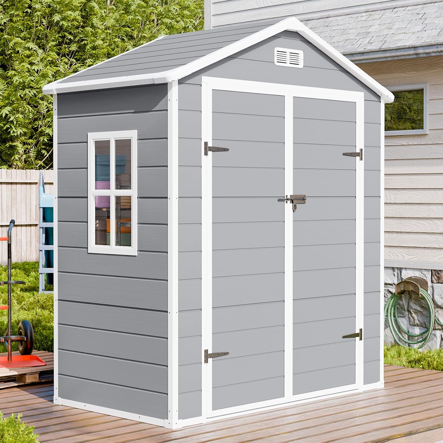 Garden Tools - 床付きの樹脂製収納小屋（6フィート×3フィート）、屋外用ガーデンツールハウス、ライトグレー、カスタムメイド。