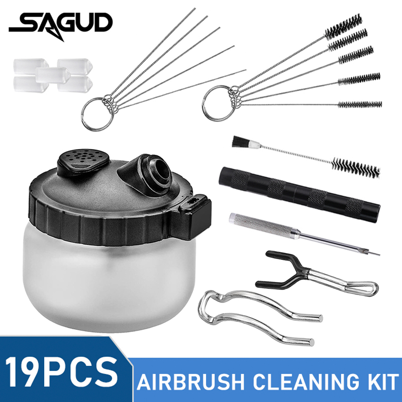 Airbrush Kit With Mini Compressor - SAGUD 19個入りエアブラシクリーニングキット、スプレーガン洗浄セット（洗浄ポット、ブラシ、修理ツール付き）ホビー塗装、模型工芸用