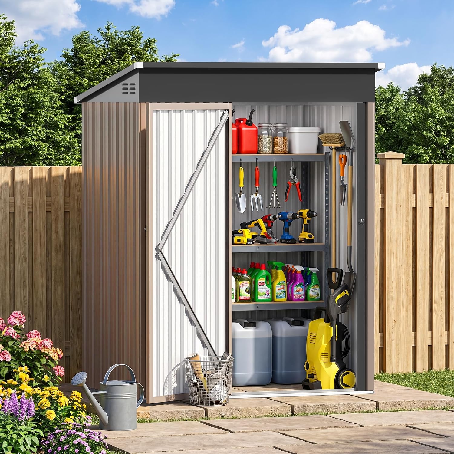 屋根が傾斜した5フィート×3フィートの金属製収納小屋。屋外用 - Garden Tools のレビューと価格