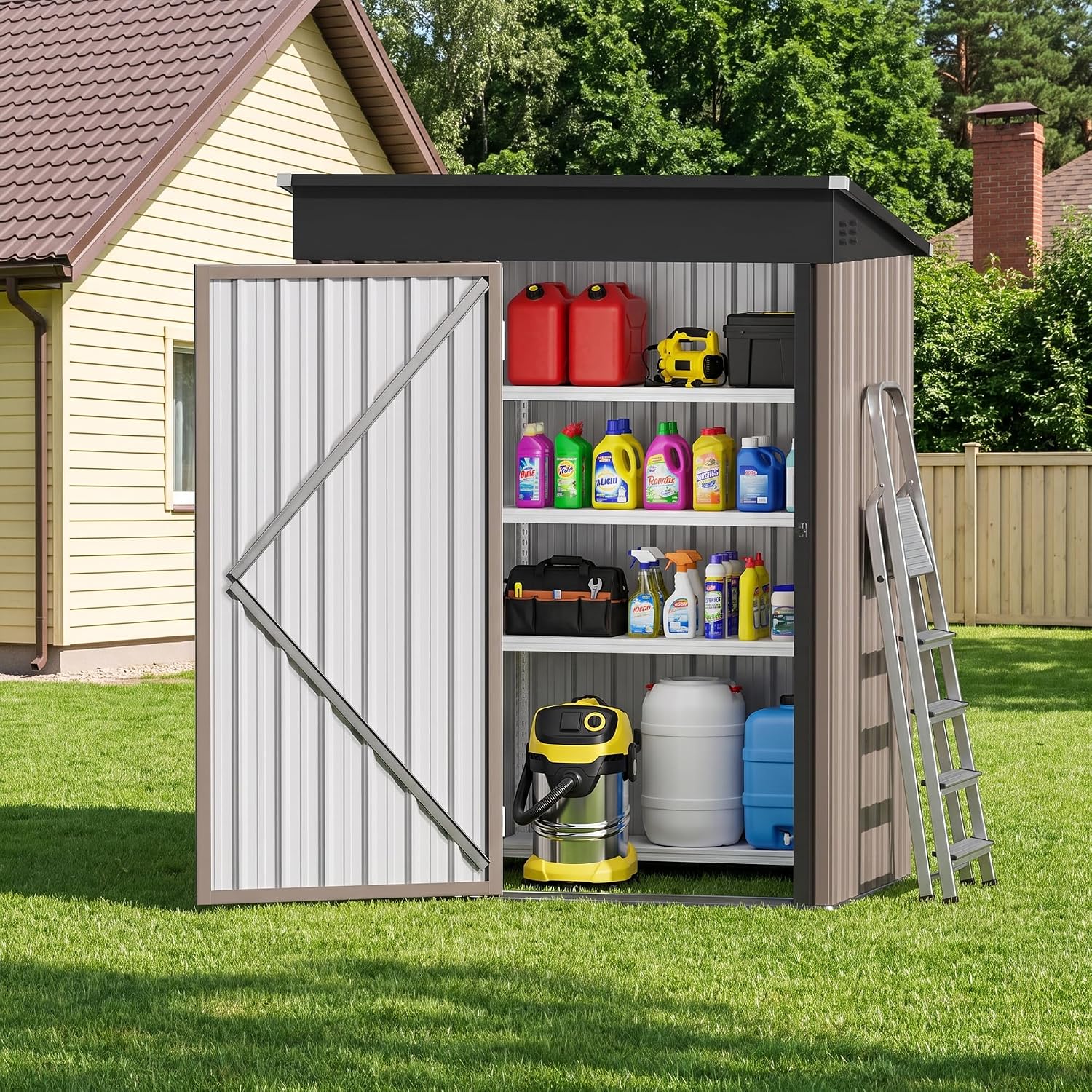 屋根が傾斜した5フィート×3フィートの金属製収納小屋。屋外用 - Garden Tools のレビューと価格