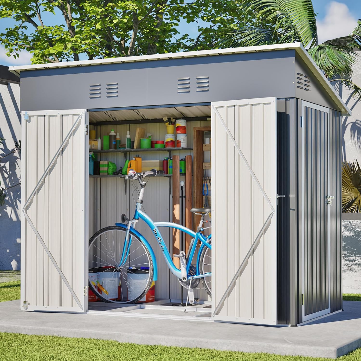 8フィート×4フィートの屋外収納小屋。床枠付きで、耐候性があ - Garden Tools のレビューと価格