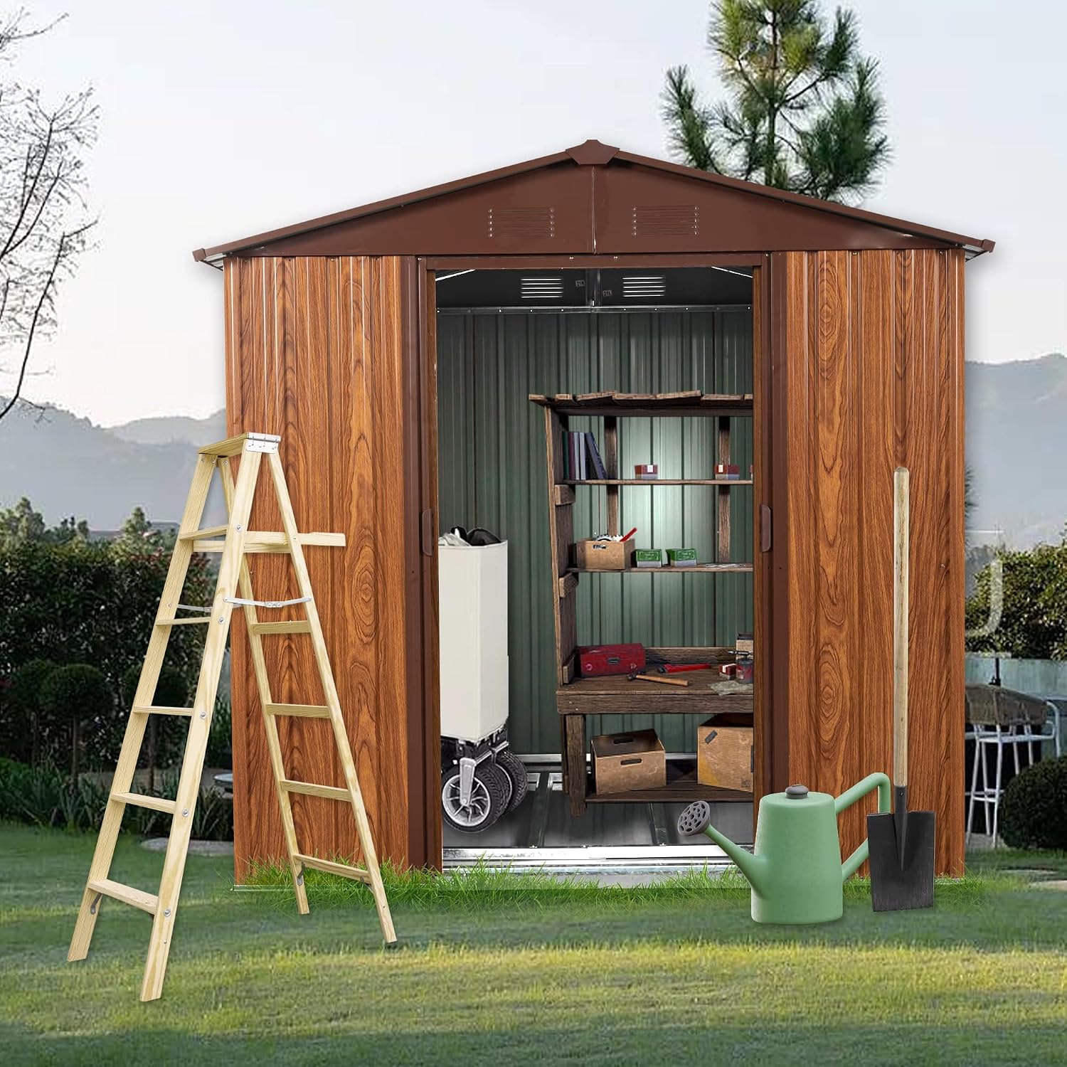 6フィート×6フィートの金属製屋外収納小屋。床フレーム、施錠 - Garden Tools のレビューと価格